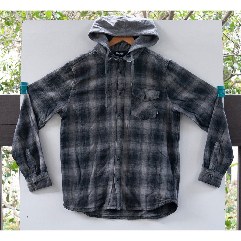 Vans Shirt Men's Gray Plaid Hooded Flannel Long Sleeve Button Up Casual Size M